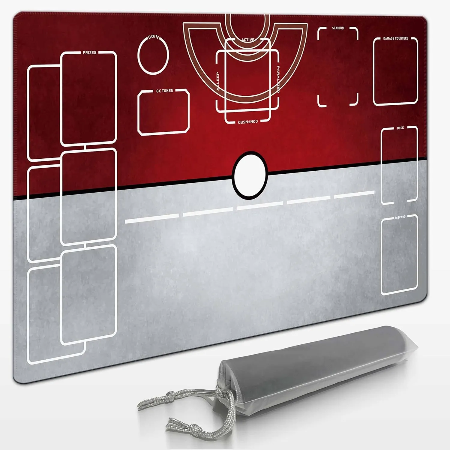 Professional PTCG playmat for 1-Player Trainer - 24x14 inches with 31 Damage counters and Storage Bag - Perfect for mat, and ptcg Board Game (Red)