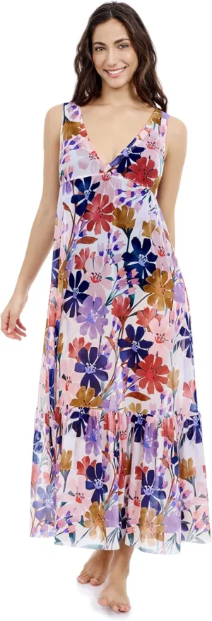 Profile by Gottex Melody Women's Multi-Color V-Neck Maxi Mesh Dress Cover-Up with Tiered Ruffles Swimwear Essential