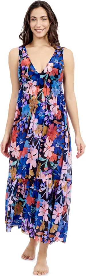 Profile by Gottex Melody Women's Multi-Color V-Neck Maxi Mesh Dress Cover-Up with Tiered Ruffles Swimwear Essential