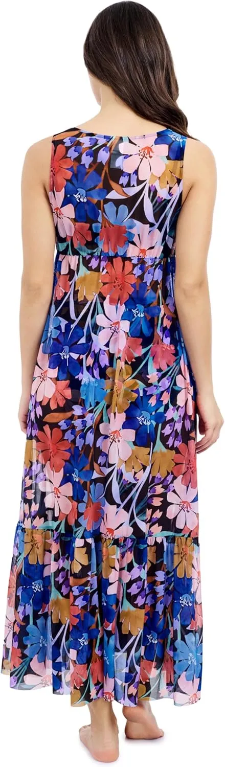 Profile by Gottex Melody Women's Multi-Color V-Neck Maxi Mesh Dress Cover-Up with Tiered Ruffles Swimwear Essential