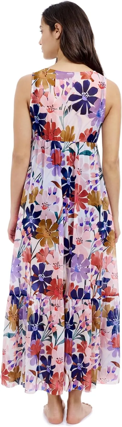 Profile by Gottex Melody Women's Multi-Color V-Neck Maxi Mesh Dress Cover-Up with Tiered Ruffles Swimwear Essential