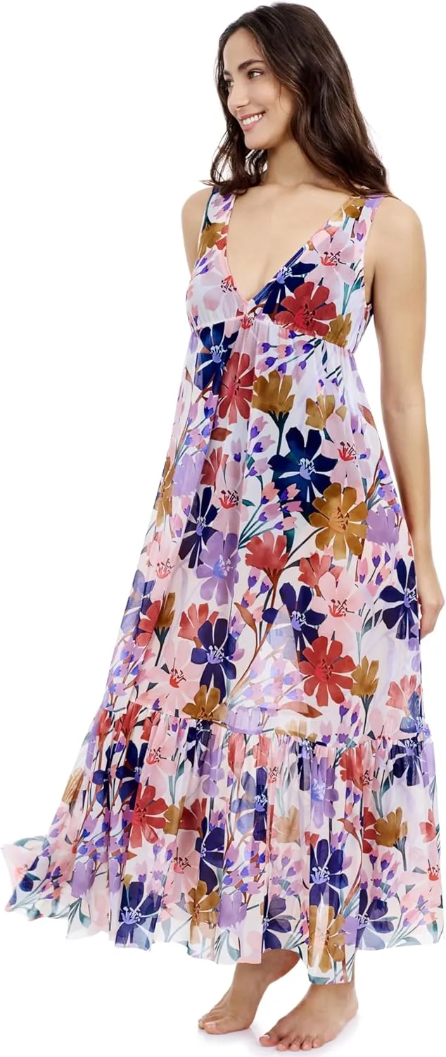 Profile by Gottex Melody Women's Multi-Color V-Neck Maxi Mesh Dress Cover-Up with Tiered Ruffles Swimwear Essential