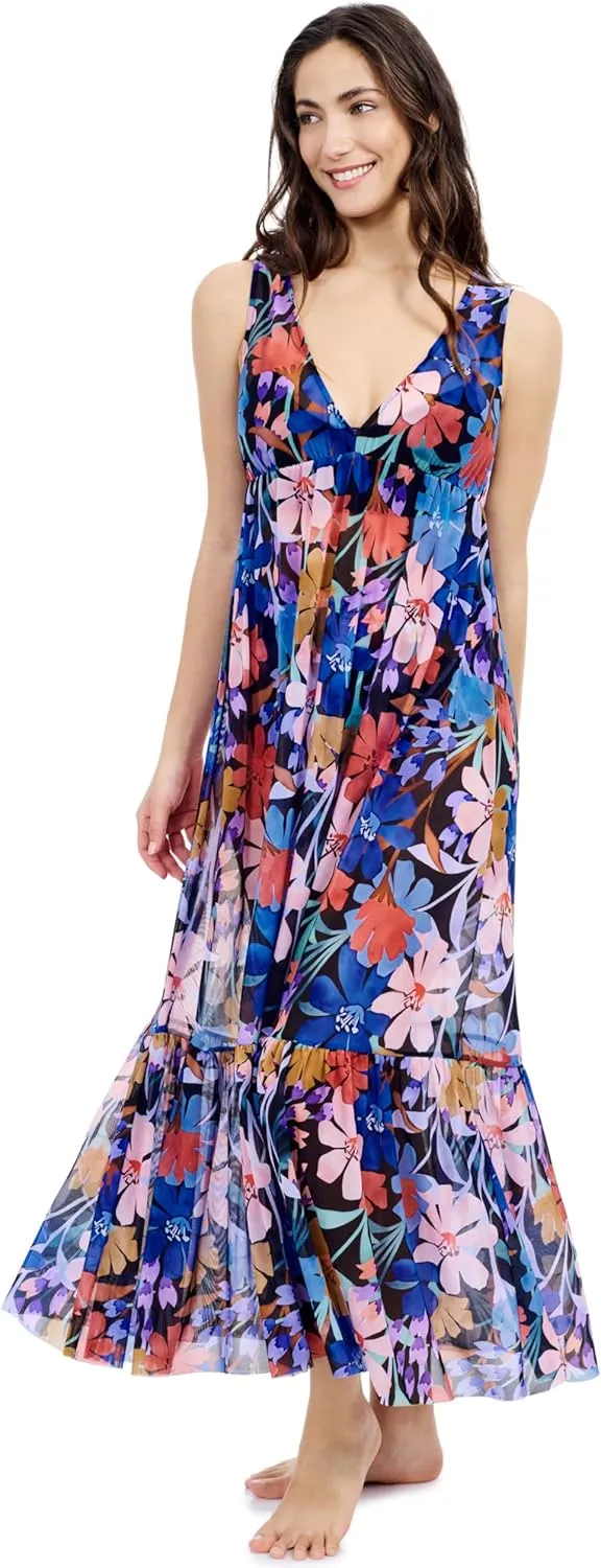 Profile by Gottex Melody Women's Multi-Color V-Neck Maxi Mesh Dress Cover-Up with Tiered Ruffles Swimwear Essential
