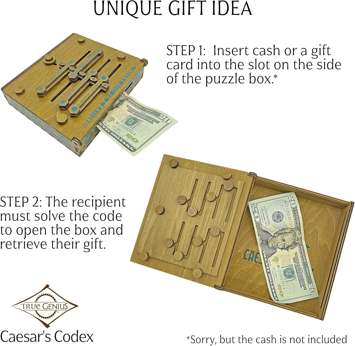 Project Genius Caesar's Codex Classic Wooden Puzzle Box for Kids 8 , Teens, and Adults - Secret Hidden Compartment for Cash, Valuables, and Gift Cards - True Genius Brainteaser, Solve Code to Open Box