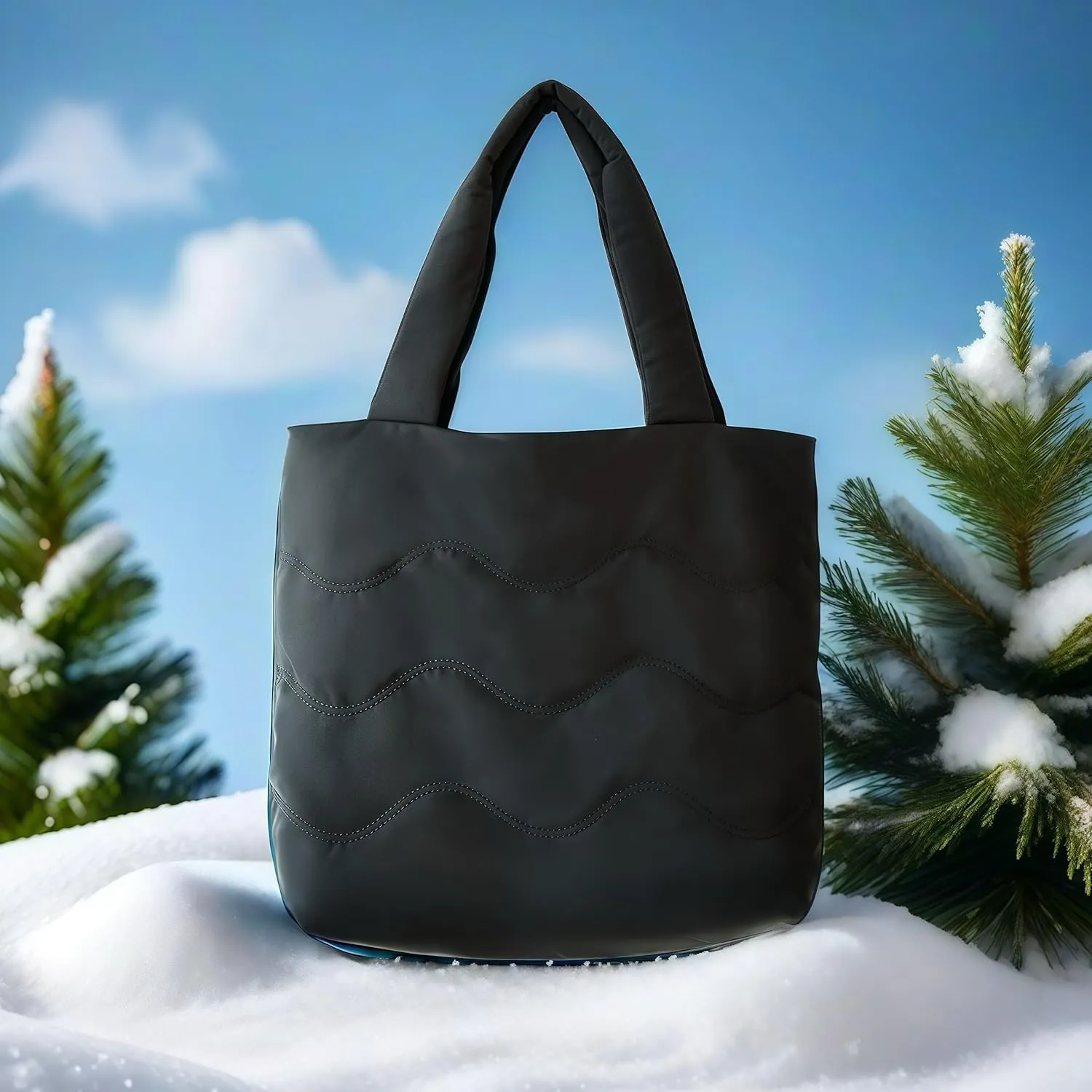 Puffer Tote Bag with Zipper, Large Tote Bag for Women, Quilted Puffy Tote Bag for College, Zippered Work Tote, Cute Black Pink Nylon Tote Bag for Women (Black)
