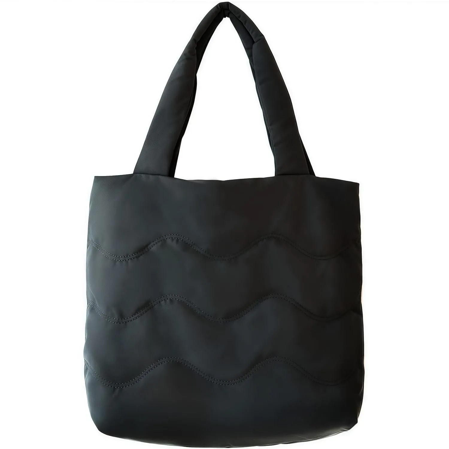Puffer Tote Bag with Zipper, Large Tote Bag for Women, Quilted Puffy Tote Bag for College, Zippered Work Tote, Cute Black Pink Nylon Tote Bag for Women (Black)
