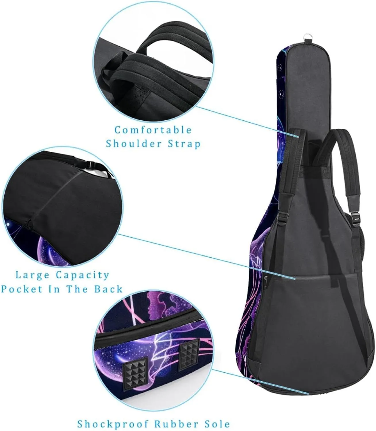 Purple Jellyfish Swimming Undersea Pattern Acoustic Guitar Gig Bag, 1 cm Thick Padding Waterproof Guitar Case Backpack with Dual Adjustable Shoulder Strap for 40-42 Inch Guitar