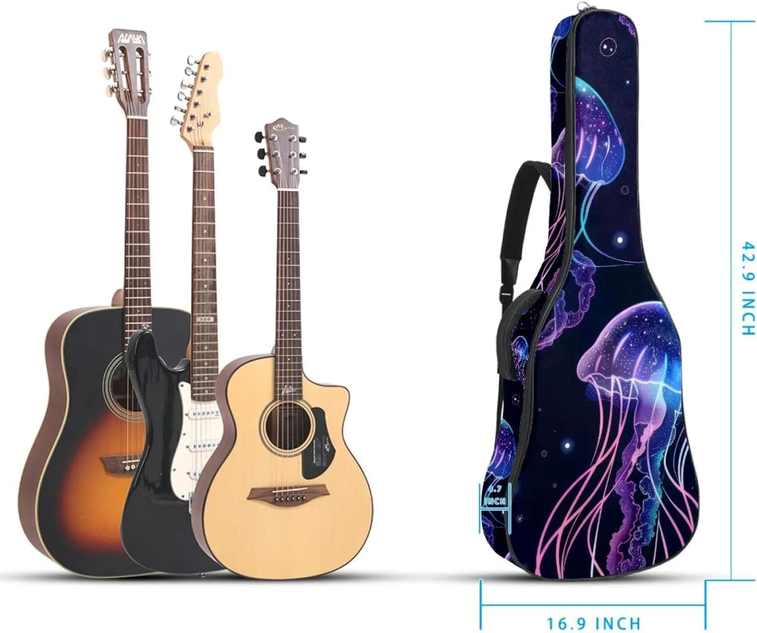 Purple Jellyfish Swimming Undersea Pattern Acoustic Guitar Gig Bag, 1 cm Thick Padding Waterproof Guitar Case Backpack with Dual Adjustable Shoulder Strap for 40-42 Inch Guitar