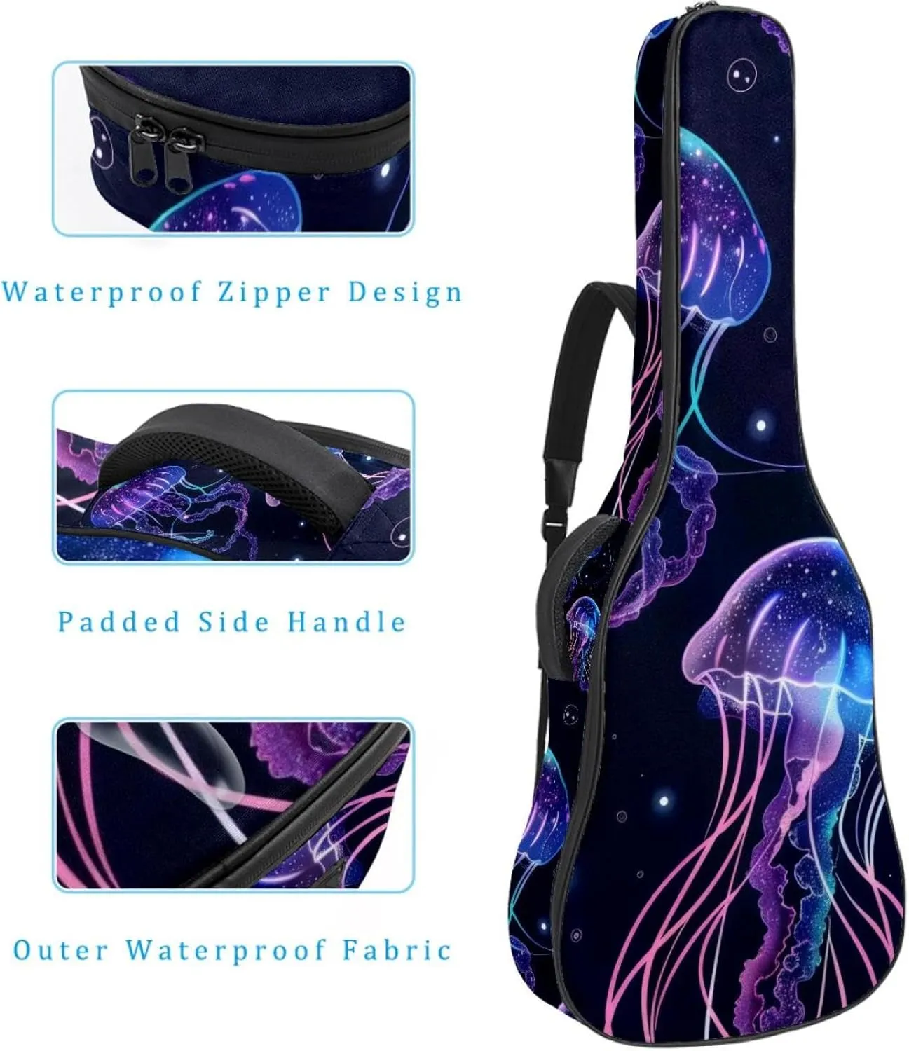Purple Jellyfish Swimming Undersea Pattern Acoustic Guitar Gig Bag, 1 cm Thick Padding Waterproof Guitar Case Backpack with Dual Adjustable Shoulder Strap for 40-42 Inch Guitar