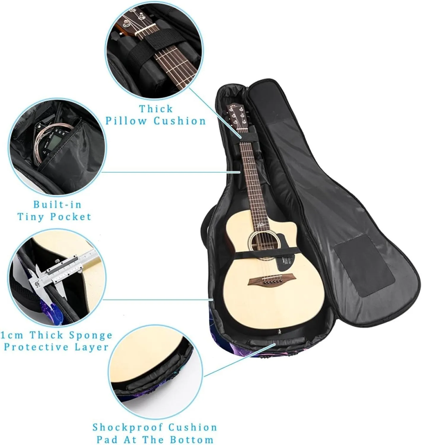 Purple Jellyfish Swimming Undersea Pattern Acoustic Guitar Gig Bag, 1 cm Thick Padding Waterproof Guitar Case Backpack with Dual Adjustable Shoulder Strap for 40-42 Inch Guitar