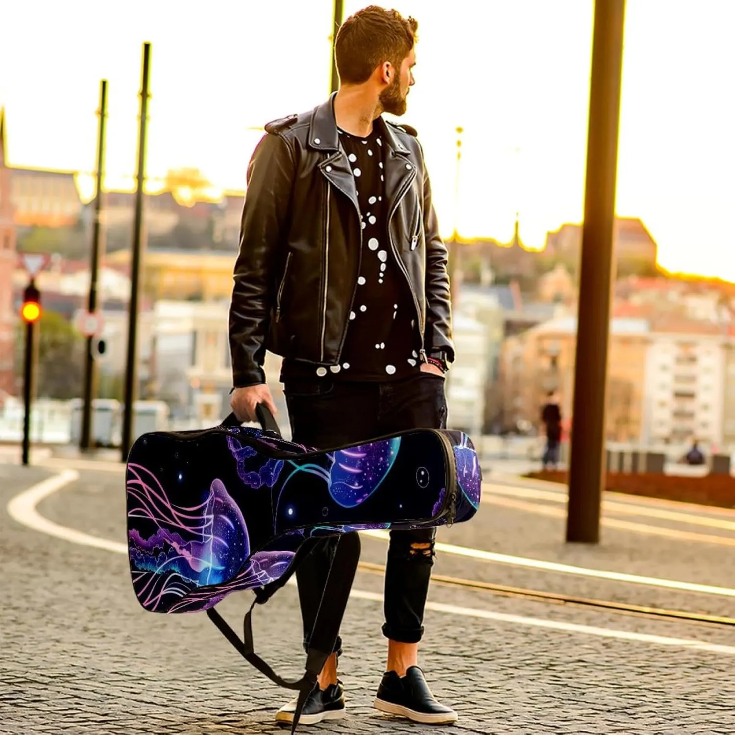 Purple Jellyfish Swimming Undersea Pattern Acoustic Guitar Gig Bag, 1 cm Thick Padding Waterproof Guitar Case Backpack with Dual Adjustable Shoulder Strap for 40-42 Inch Guitar