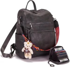 Qiyuer Women's Fashion PU Leather Backpack Purse for Women Designer Ladies Travel Convertible Shoulder Bag DarkGrey