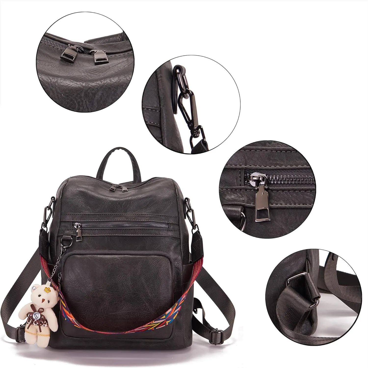 Qiyuer Women's Fashion PU Leather Backpack Purse for Women Designer Ladies Travel Convertible Shoulder Bag DarkGrey
