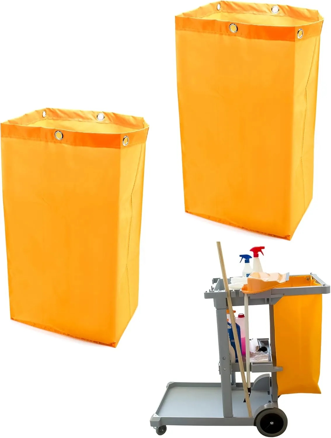 QWORK Janitorial Cart Bag, 24 Gallon Waterproof Large Capacity Padded Housekeeping Commercial Replacement Cleaning Cart Bag for Collecting Trash or Clothing (Yellow), 2 Pack