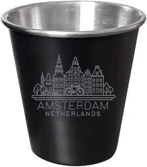R and R Imports Amsterdam Netherlands Souvenir Engraved 2oz Tin Shot Glass Black Matte Coating 4-Pack with Gift Bag