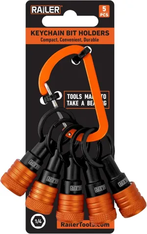 Railer Bit Holder Keychain 5pc - 1/4 inch Hex Shank Bit Holders - Quick Release Bit Holder For Nut Driver, Screwdriver & Drill Bits w/Key Chain Carabiner