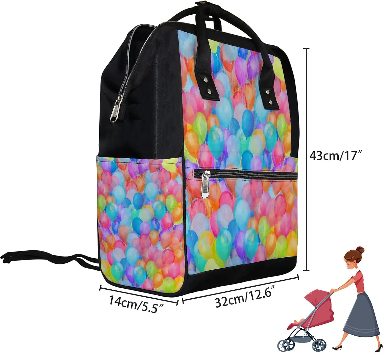 Rainbow Air Balloon Diaper Bag Backpack Waterproof Backpack Baby Nappy Changing Bag for Travel Large Capacity Durable and Stylish for Woman