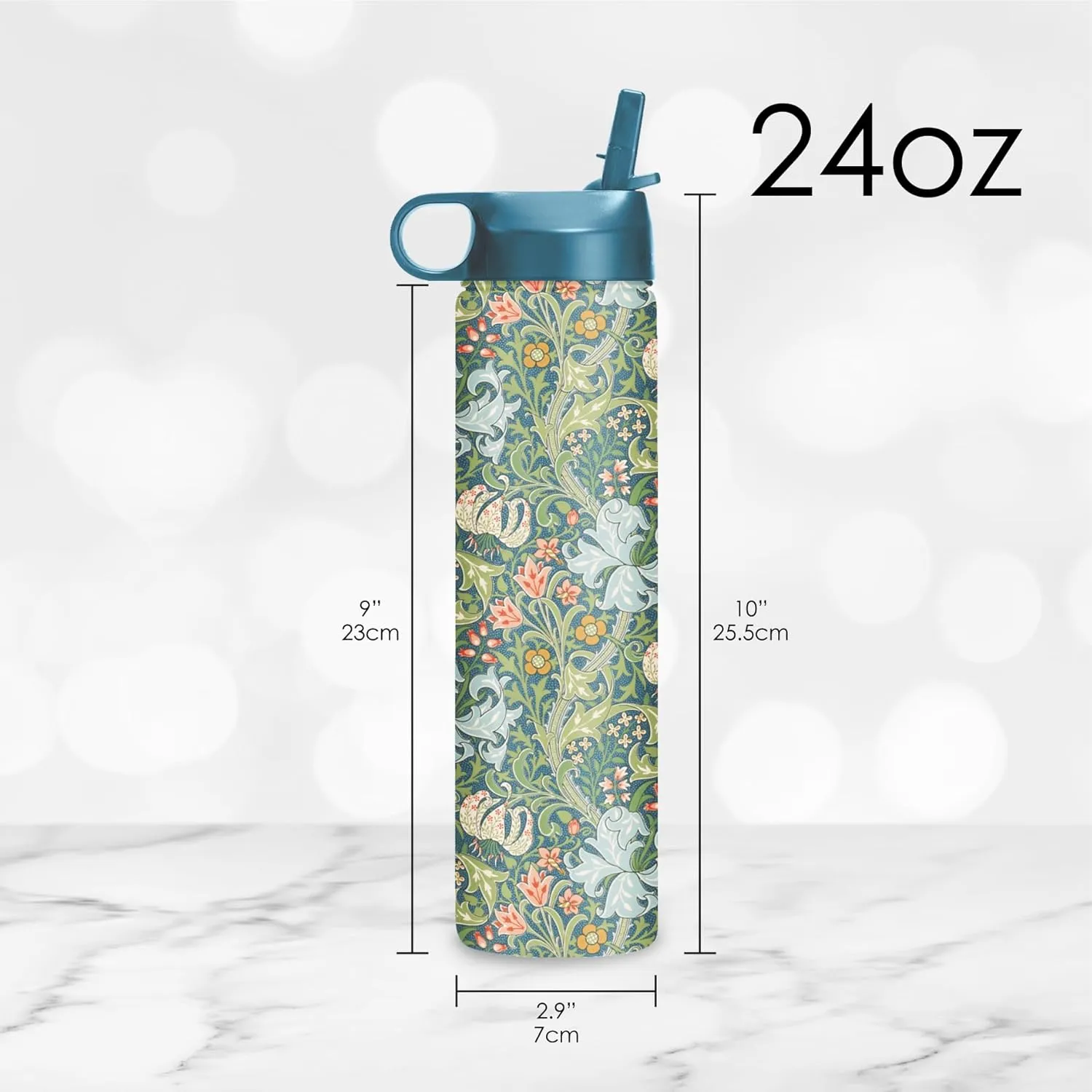 RainCaper 18/8 Stainless Steel Insulated Water Tumbler with Straw | 24oz, BPA-Free, Double Wall for Hot & Cold | Travel-Friendly, Cup Holder Ready (William Morris Golden Lily)