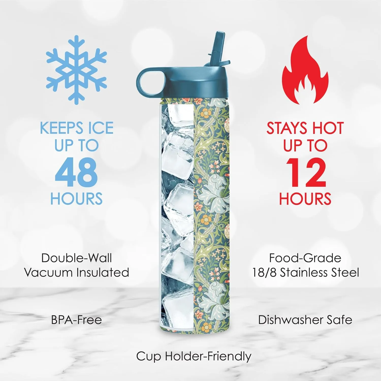 RainCaper 18/8 Stainless Steel Insulated Water Tumbler with Straw | 24oz, BPA-Free, Double Wall for Hot & Cold | Travel-Friendly, Cup Holder Ready (William Morris Golden Lily)