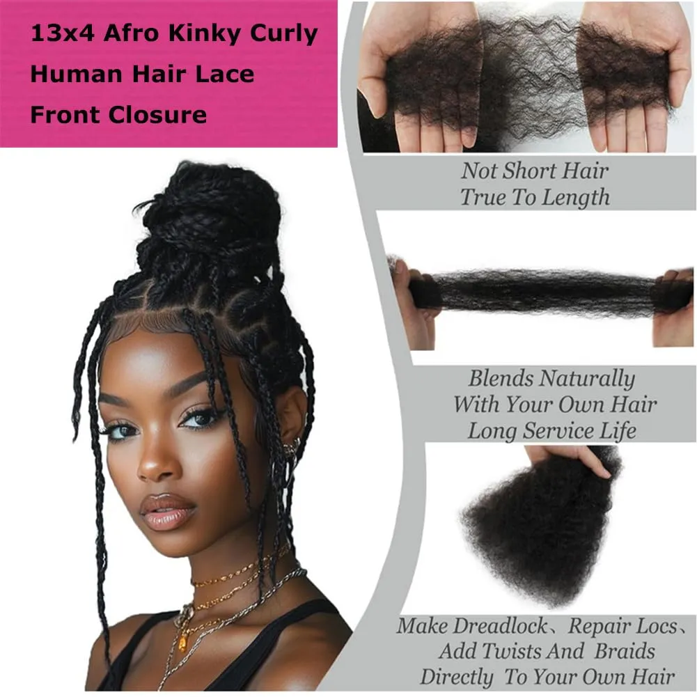 Raw Human Hair 13x4 Afro Kinky Curly Lace Frontal Closure Piece 10inch, Free Part Naturak Black Color with Baby Hair Bleached Knots