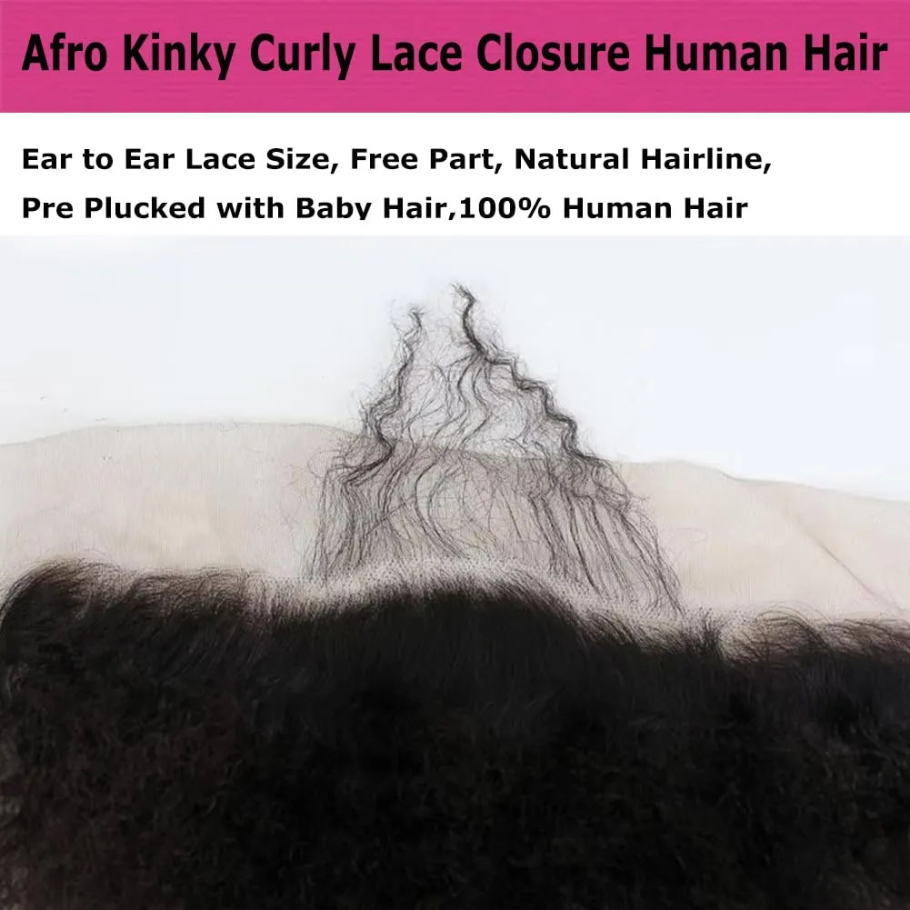 Raw Human Hair 13x4 Afro Kinky Curly Lace Frontal Closure Piece 10inch, Free Part Naturak Black Color with Baby Hair Bleached Knots