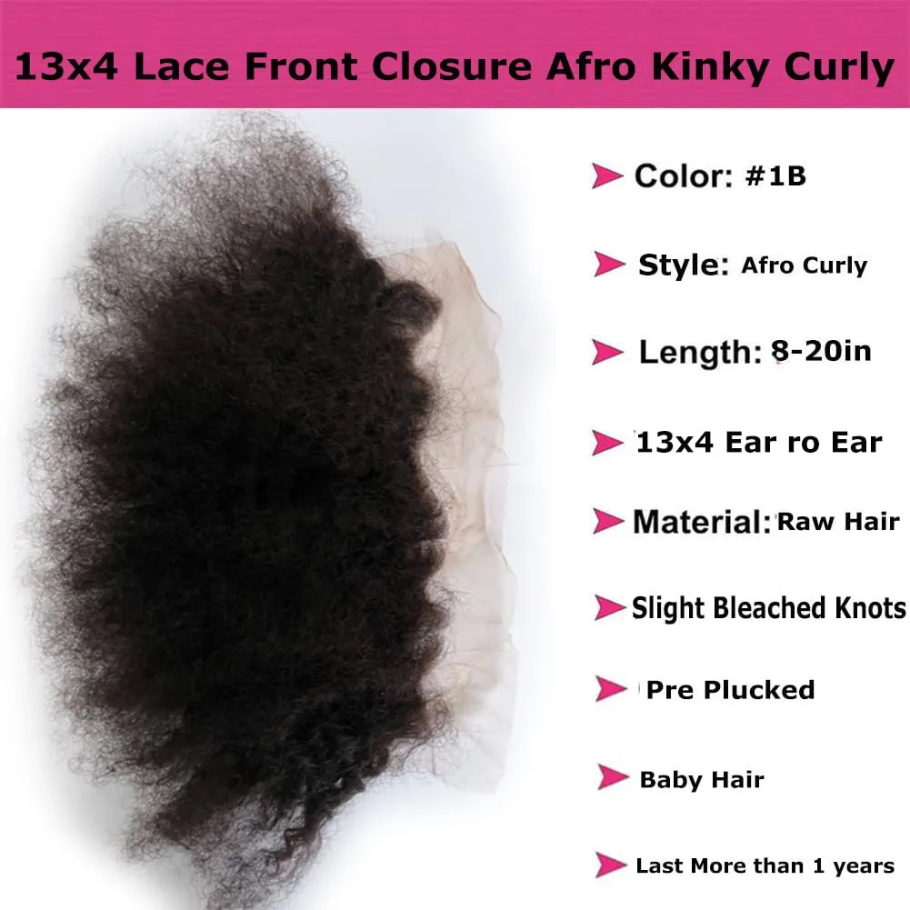 Raw Human Hair 13x4 Afro Kinky Curly Lace Frontal Closure Piece 10inch, Free Part Naturak Black Color with Baby Hair Bleached Knots