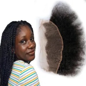 Raw Human Hair 13x4 Afro Kinky Curly Lace Frontal Closure Piece 10inch, Free Part Naturak Black Color with Baby Hair Bleached Knots
