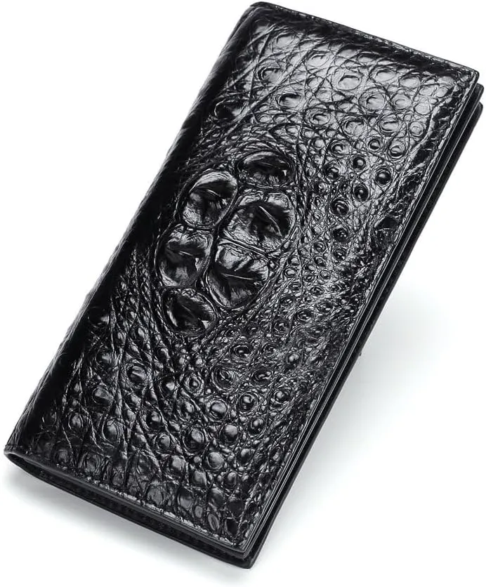 Real Crocodile Leather Men's Long Wallet Luxury Alligator Skin Genuine Leather Purses Money Bag for Men (Head Black)