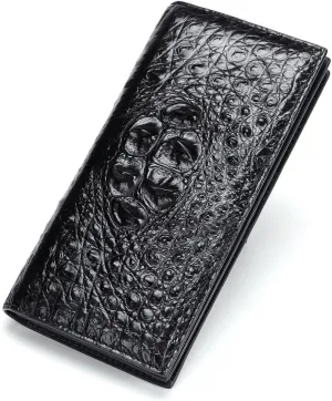 Real Crocodile Leather Men's Long Wallet Luxury Alligator Skin Genuine Leather Purses Money Bag for Men (Head Black)