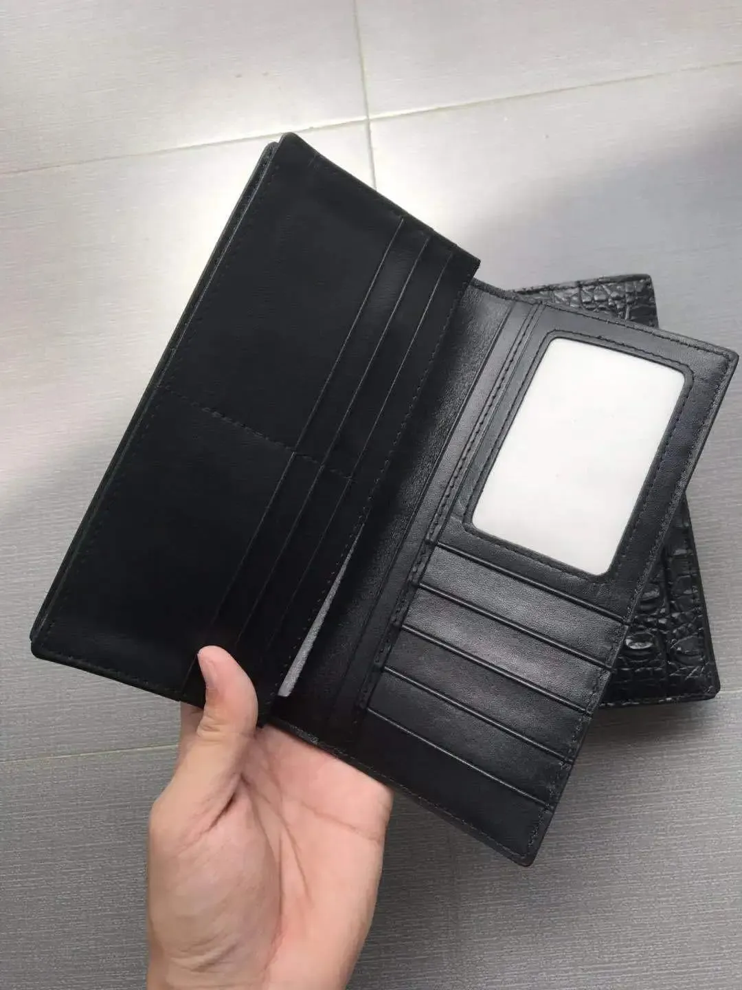 Real Crocodile Leather Men's Long Wallet Luxury Alligator Skin Genuine Leather Purses Money Bag for Men (Head Black)