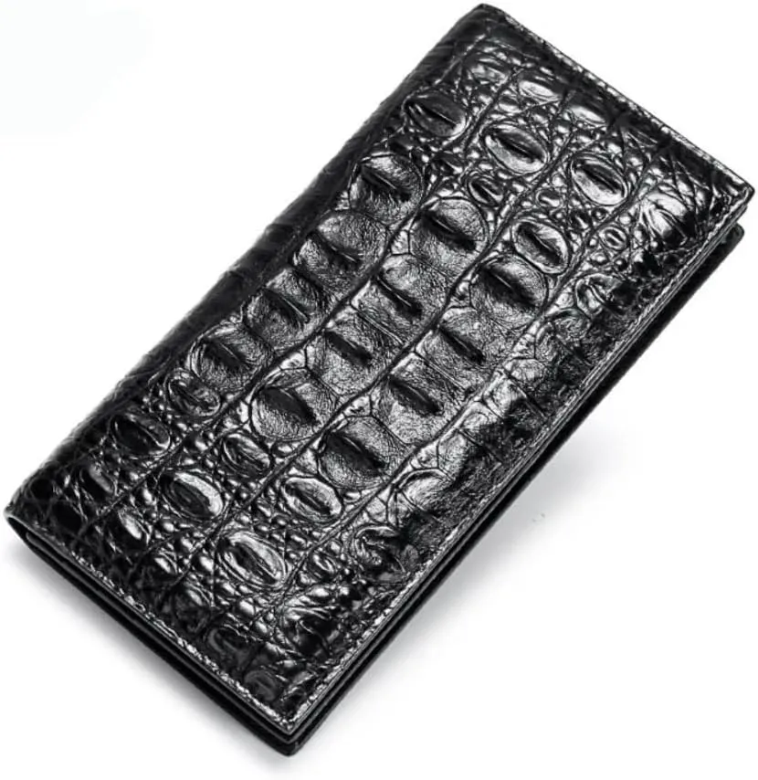 Real Crocodile Leather Men's Long Wallet Luxury Alligator Skin Genuine Leather Purses Money Bag for Men (Head Black)