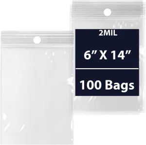 Reclosable Hang Hole Zip Poly Bags, 2Mil 6" X 14" & 100 Bags | LDPE Material, Clear Plastic with Resealable Lock Seal Zipper | Resealable Zip Top Lock For Travel, Storage, Packaging & Shipping