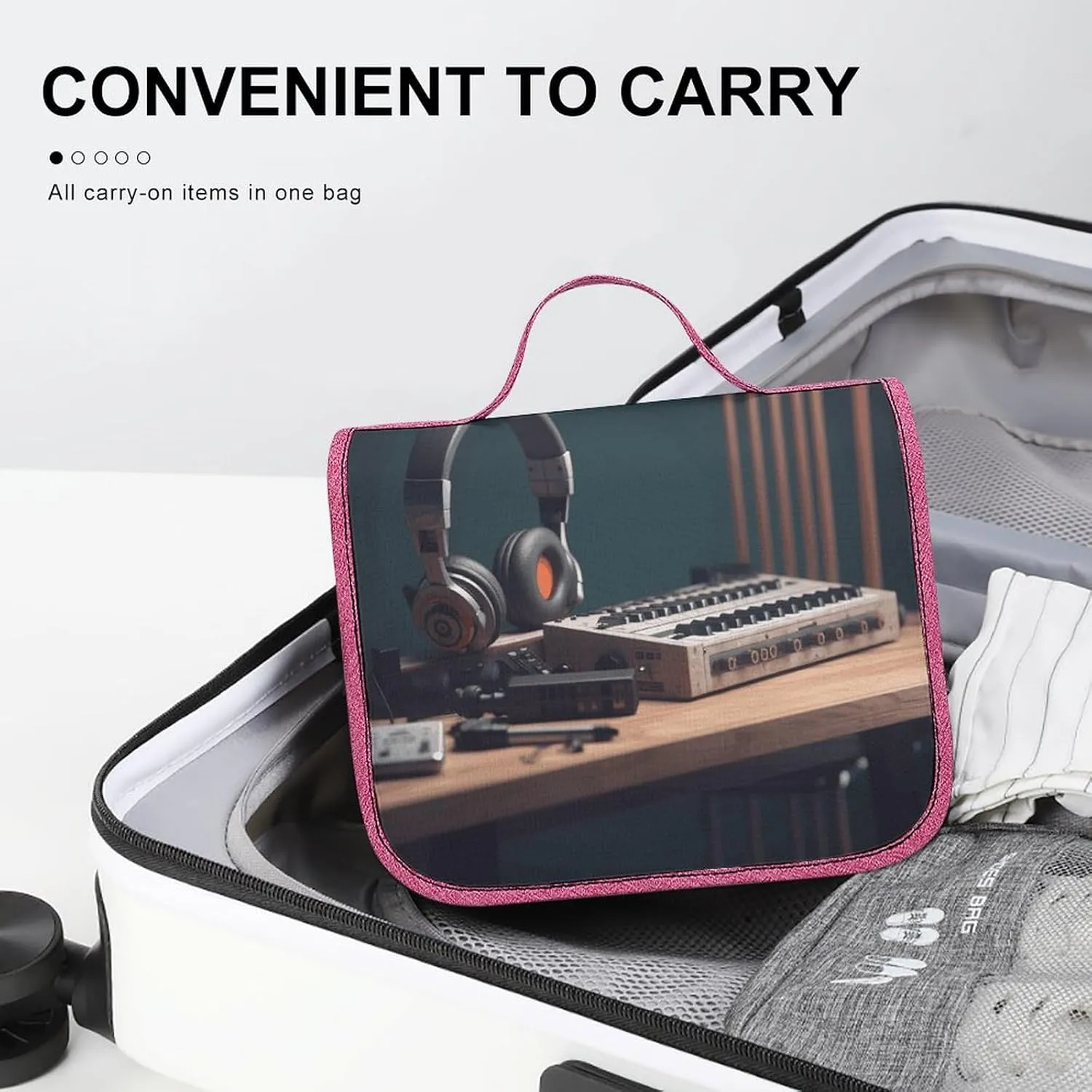 Recorder with Headphones Travel Toiletry Bag for Women,Hanging Toiletry Organizer with Hook, Makeup Bag Travel Organizer for Shampoo,Toiletriesl