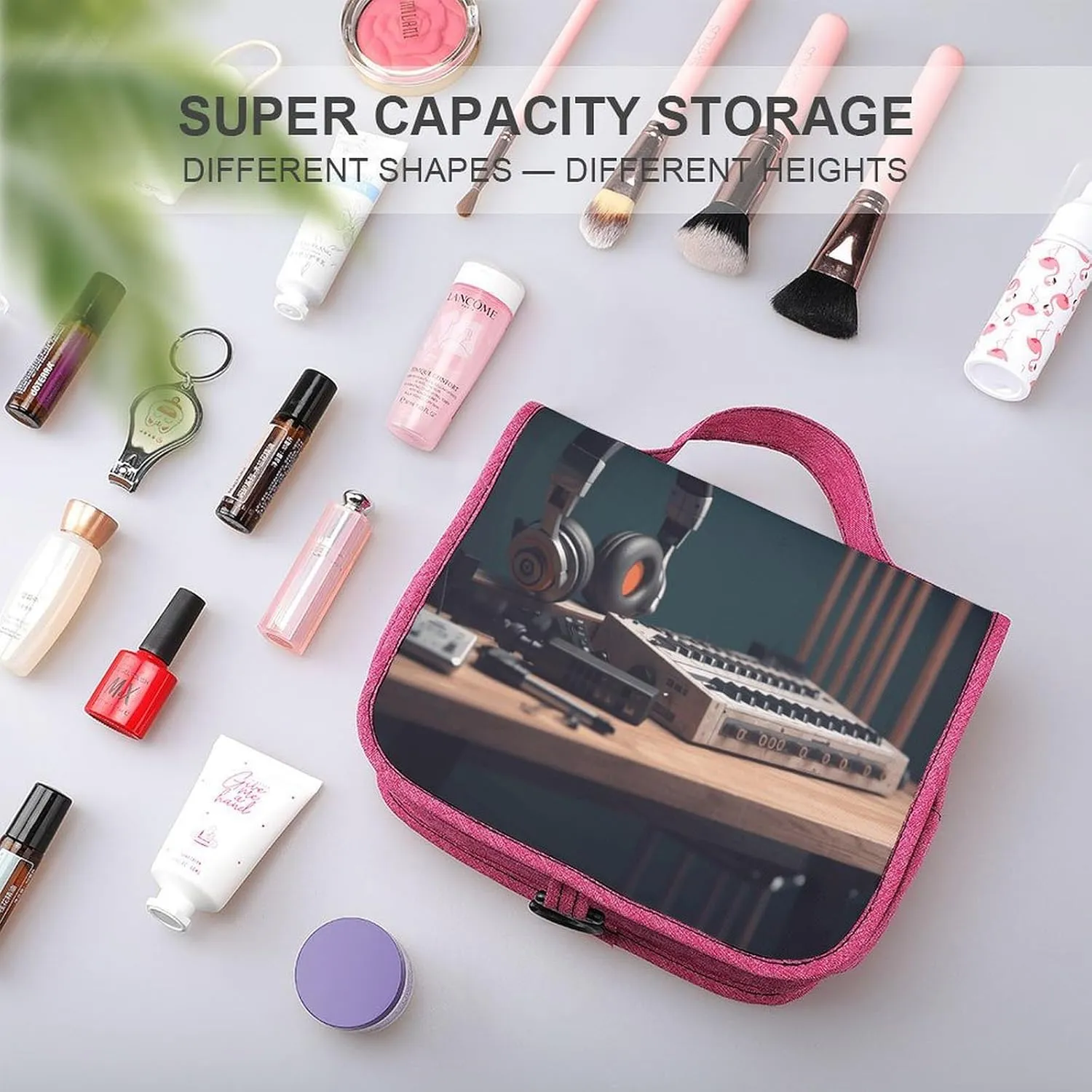 Recorder with Headphones Travel Toiletry Bag for Women,Hanging Toiletry Organizer with Hook, Makeup Bag Travel Organizer for Shampoo,Toiletriesl