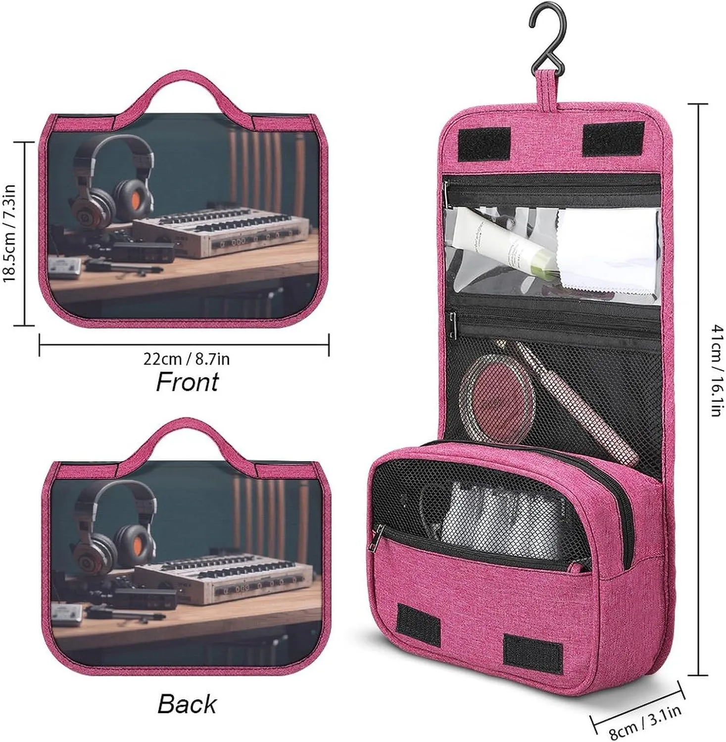 Recorder with Headphones Travel Toiletry Bag for Women,Hanging Toiletry Organizer with Hook, Makeup Bag Travel Organizer for Shampoo,Toiletriesl