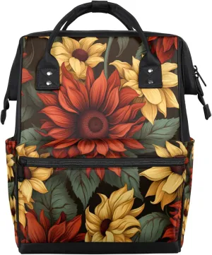 Red And Pink Sunflowers Double Shoulder Mommy Bag for Women, Polyester Large Capacity Diaper Backpack with Multi Pockets, Waterproof Adjustable Straps Diaper Bag for Moms Dads, 11''×7''×15.7''