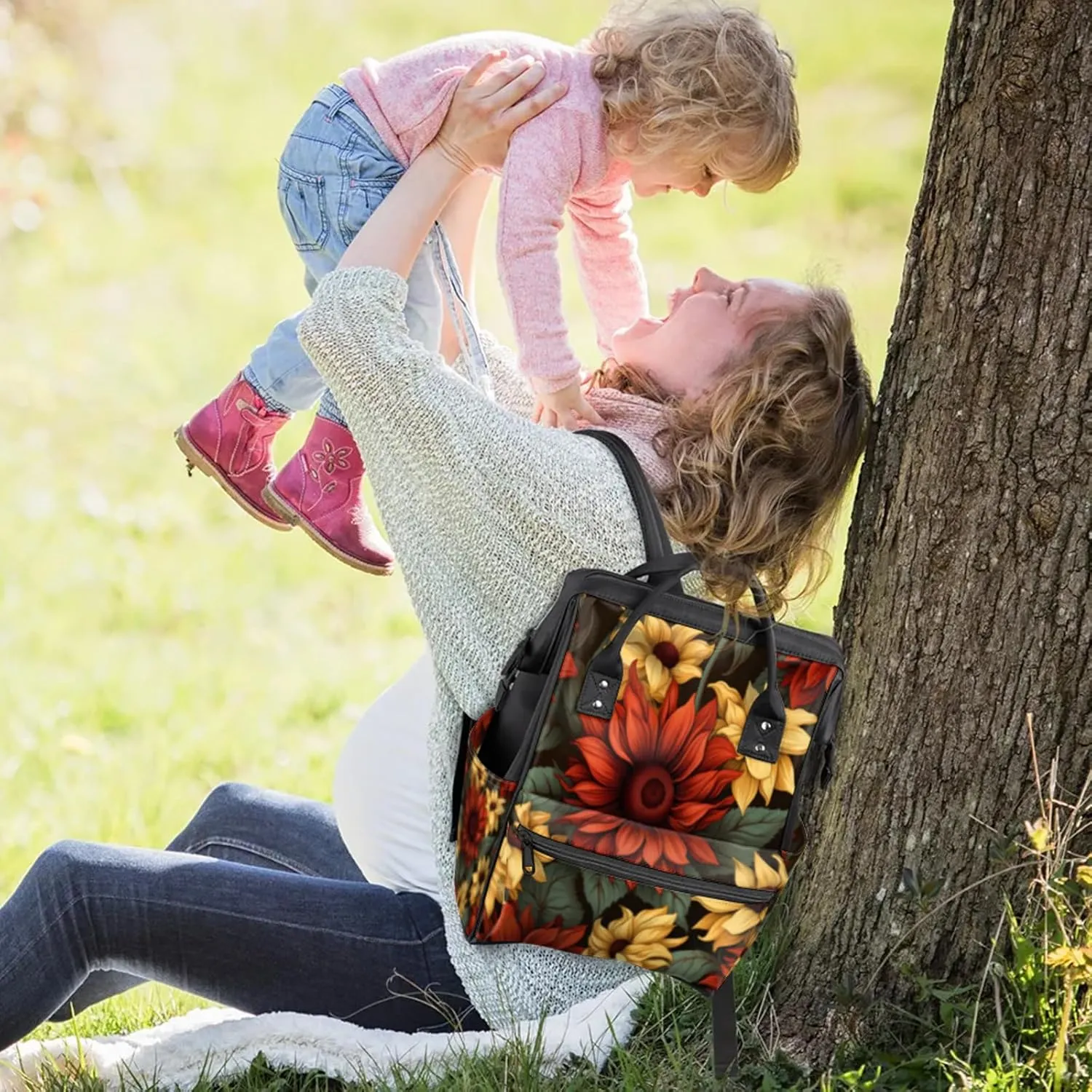 Red And Pink Sunflowers Double Shoulder Mommy Bag for Women, Polyester Large Capacity Diaper Backpack with Multi Pockets, Waterproof Adjustable Straps Diaper Bag for Moms Dads, 11''×7''×15.7''