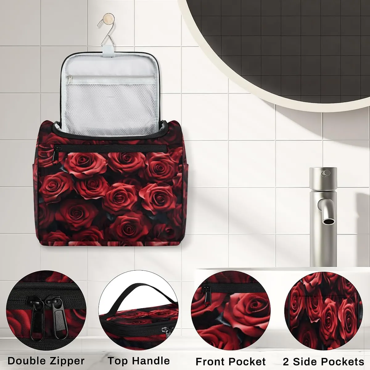 Red Rose Travel Makeup Bag Hanging Toiletry Bag for Women Make up Organizer Portable Cosmetic Bags with Dividers Inside