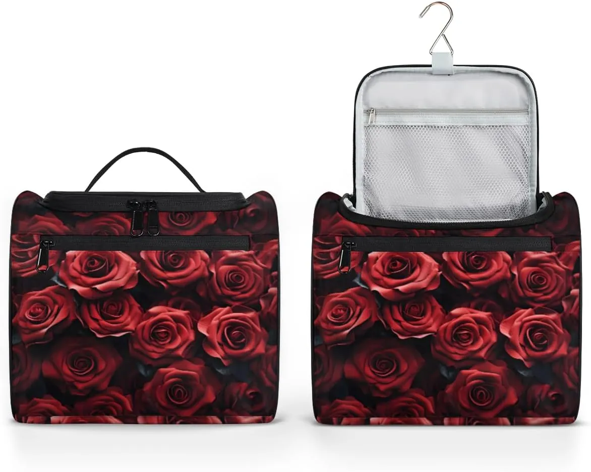 Red Rose Travel Makeup Bag Hanging Toiletry Bag for Women Make up Organizer Portable Cosmetic Bags with Dividers Inside