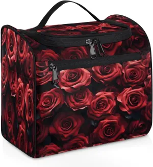 Red Rose Travel Makeup Bag Hanging Toiletry Bag for Women Make up Organizer Portable Cosmetic Bags with Dividers Inside