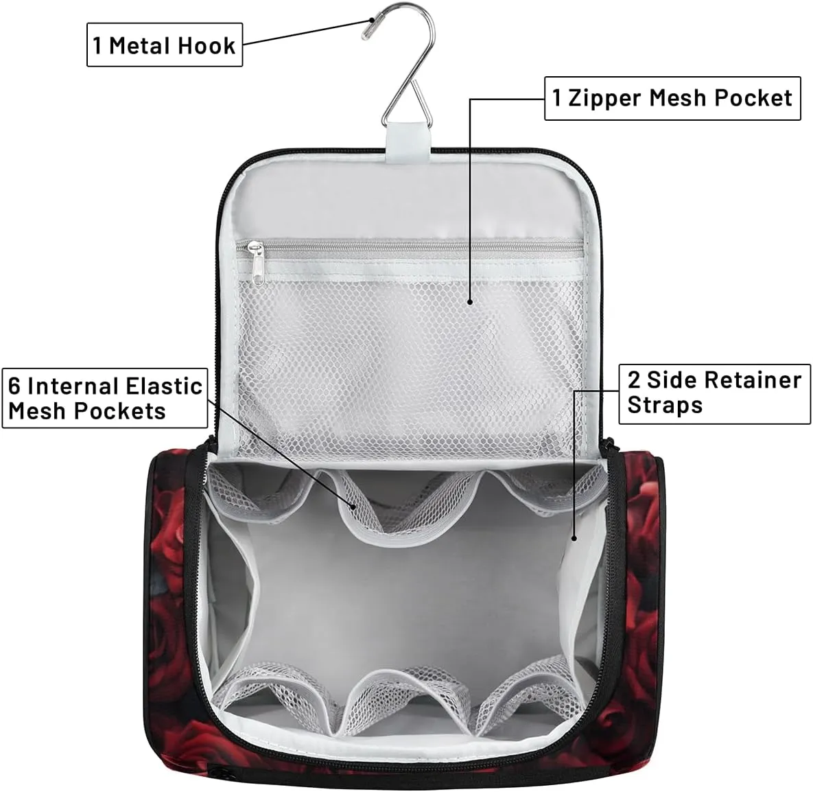 Red Rose Travel Makeup Bag Hanging Toiletry Bag for Women Make up Organizer Portable Cosmetic Bags with Dividers Inside
