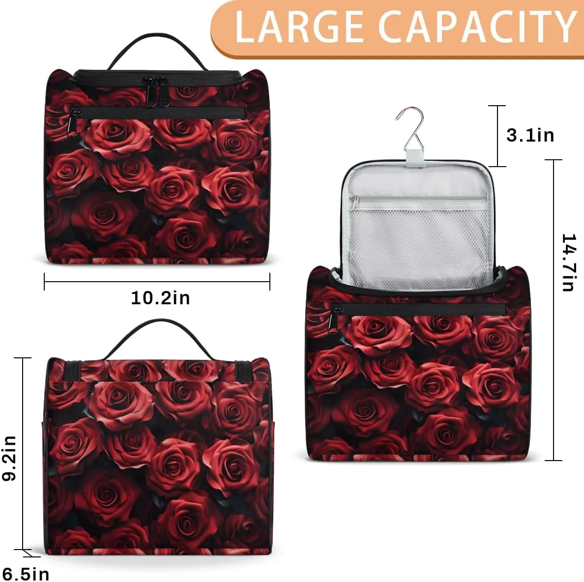 Red Rose Travel Makeup Bag Hanging Toiletry Bag for Women Make up Organizer Portable Cosmetic Bags with Dividers Inside