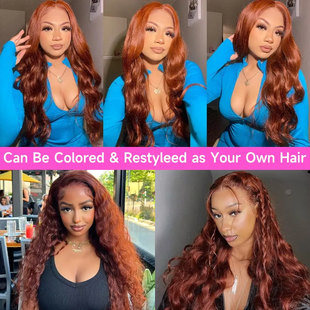 Reddish Brown Lace Front Wigs Human Hair Pre Plucked 13x4 Auburn Colored Human Hair Lace Front Wigs 200 Density Body Wave Reddish Brown Frontal Wig Human Hair 22 Inch