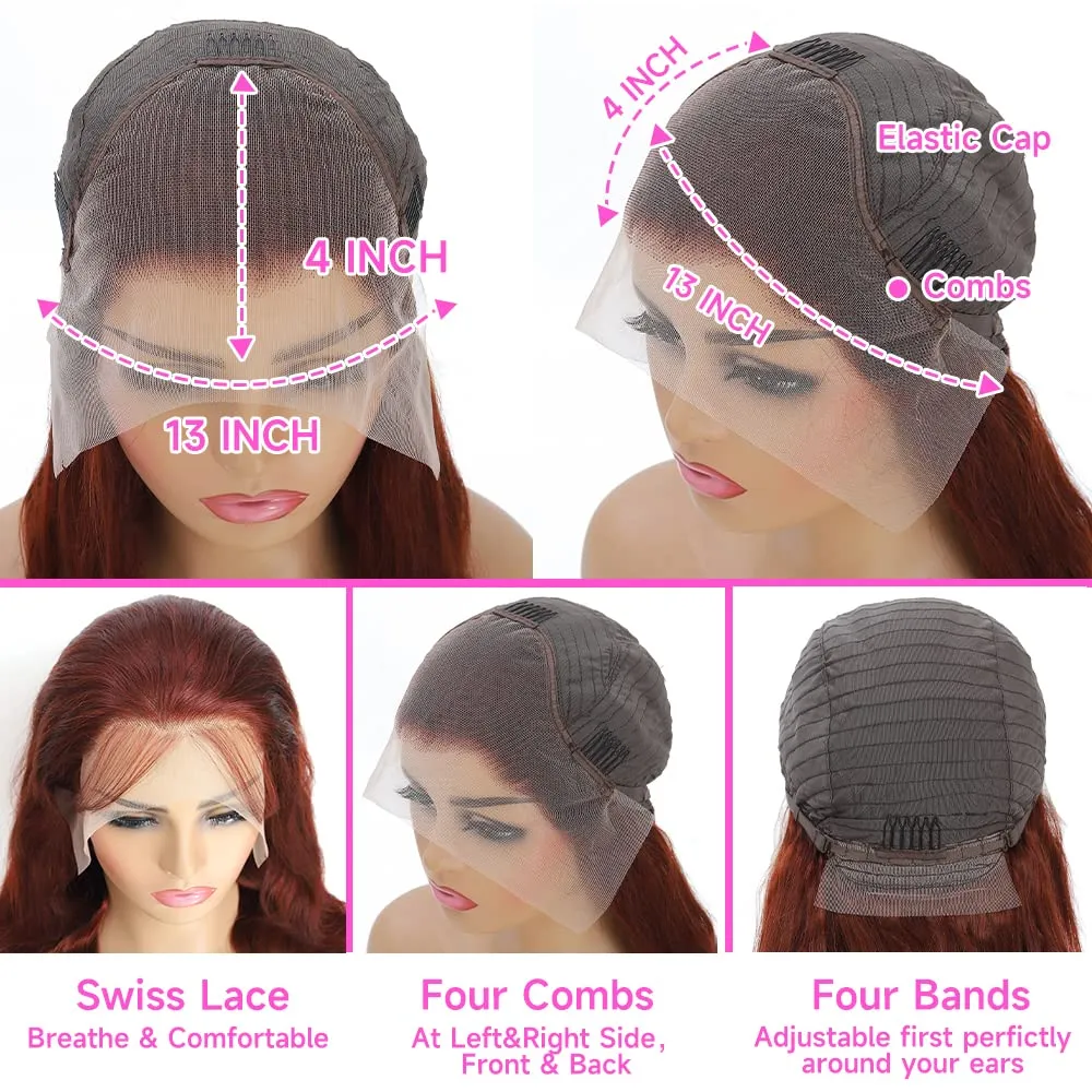 Reddish Brown Lace Front Wigs Human Hair Pre Plucked 13x4 Auburn Colored Human Hair Lace Front Wigs 200 Density Body Wave Reddish Brown Frontal Wig Human Hair 22 Inch