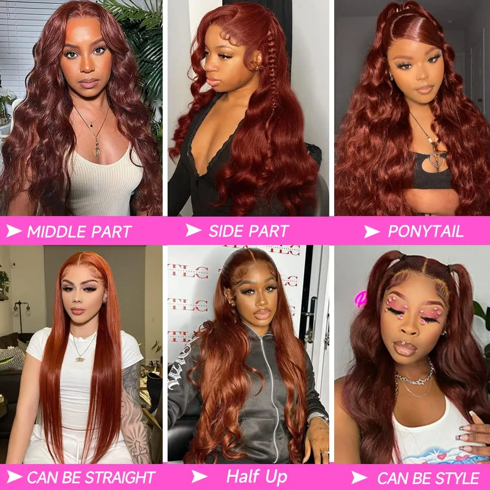 Reddish Brown Lace Front Wigs Human Hair Pre Plucked 13x4 Auburn Colored Human Hair Lace Front Wigs 200 Density Body Wave Reddish Brown Frontal Wig Human Hair 22 Inch