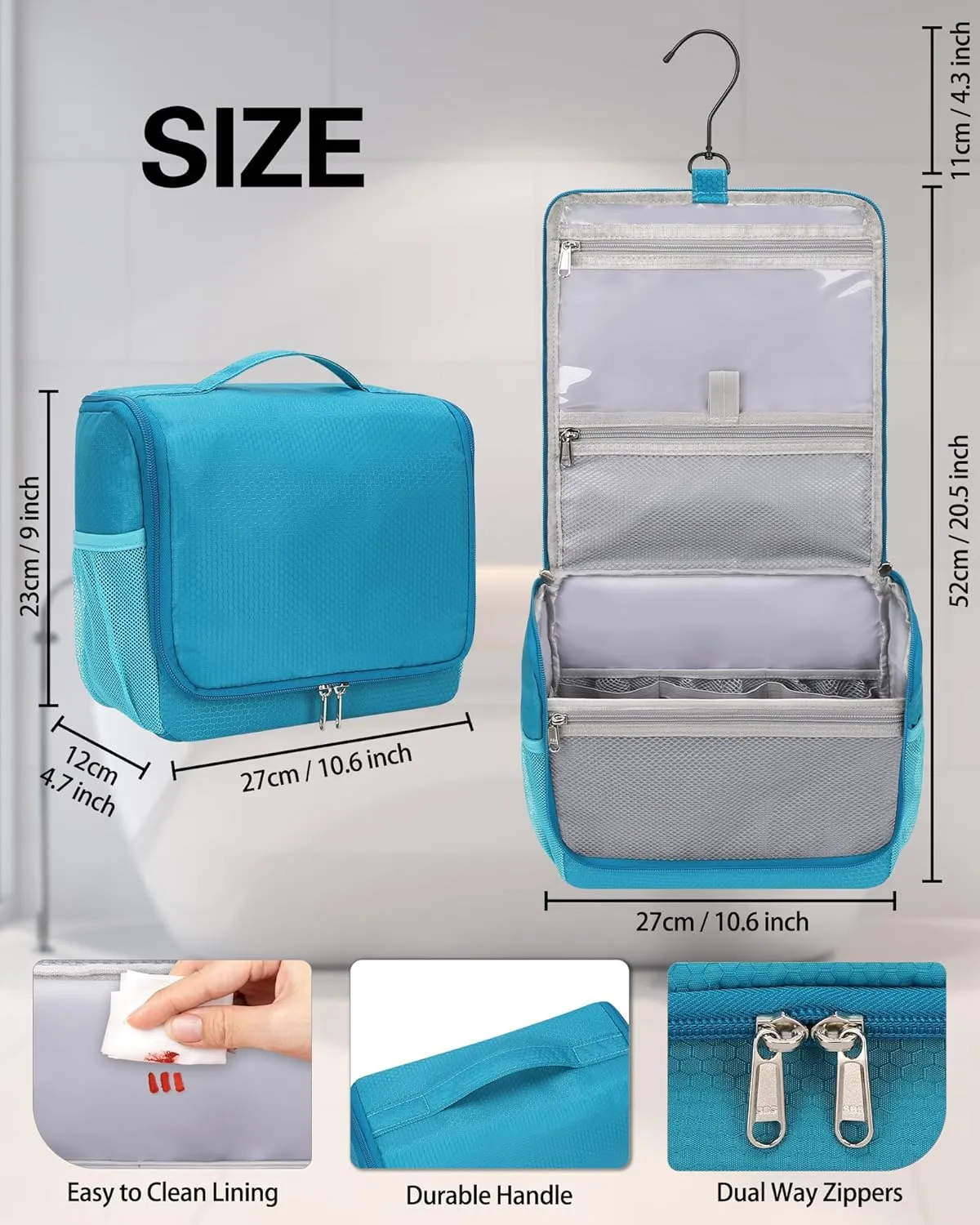 Relavel Toiletry Bag for Men, Hanging Travel Makeup Bag for Women, Waterproof Large Cosmetic Organizer Multiple Compartments for Accessories, Full Sized Toiletries, Dopp Kit Shaving Bag (Blue, Medium)