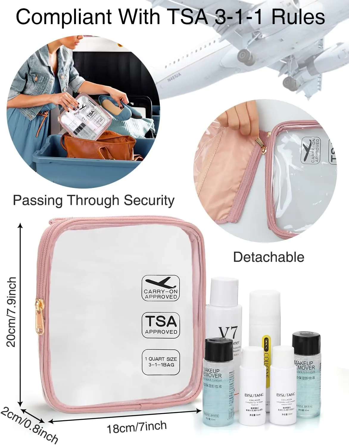 Relavel Travel Toiletry Bag for women with Detachable TSA Approved Toiletry Bag, Compact Hanging toiletry bag with Small Carry On 3-1-1 Clear Waterproof Travel Bags for Toiletries (Pink, A Small)