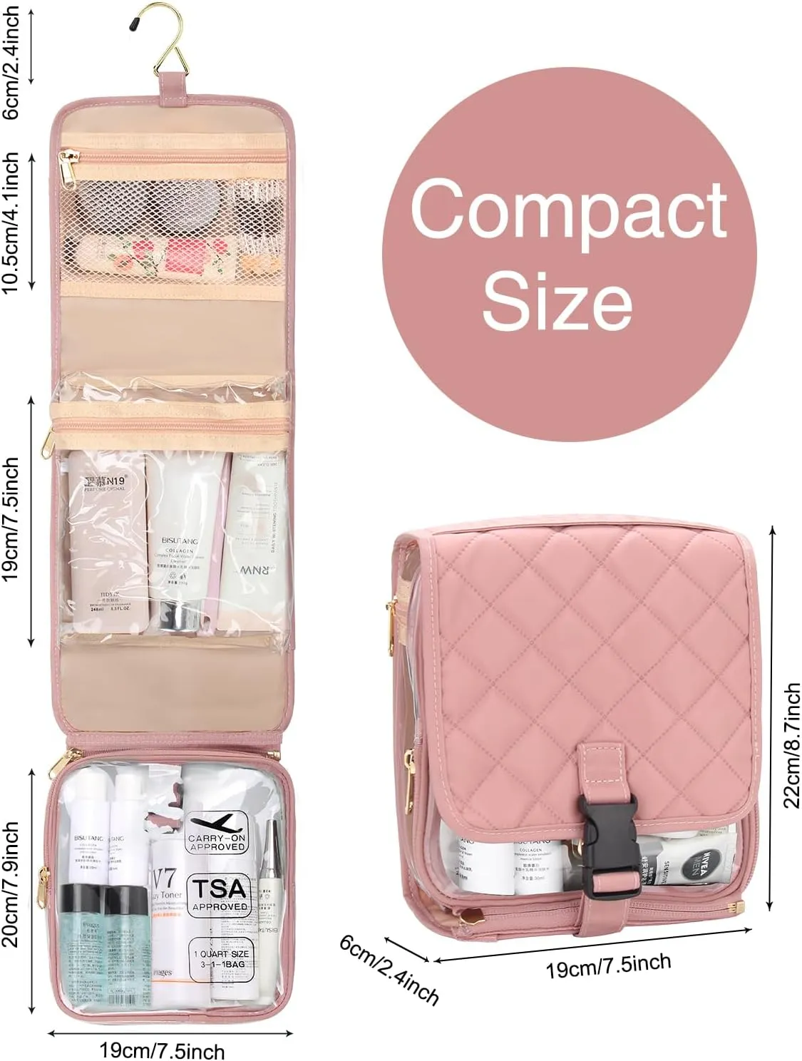 Relavel Travel Toiletry Bag for women with Detachable TSA Approved Toiletry Bag, Compact Hanging toiletry bag with Small Carry On 3-1-1 Clear Waterproof Travel Bags for Toiletries (Pink, A Small)