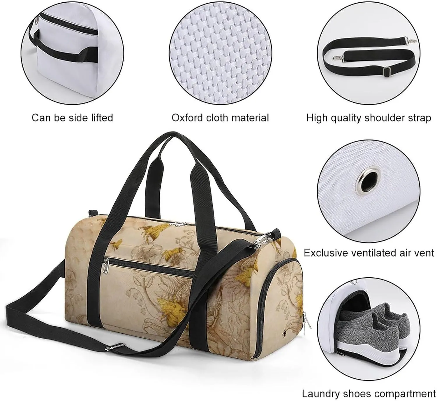 Retro Beige Water Resistant Gym Bag with Shoe Compartment, Travel Duffel Tote Bag Weekender Overnight Bag for Women Men
