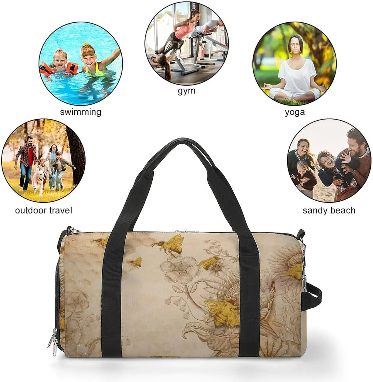 Retro Beige Water Resistant Gym Bag with Shoe Compartment, Travel Duffel Tote Bag Weekender Overnight Bag for Women Men